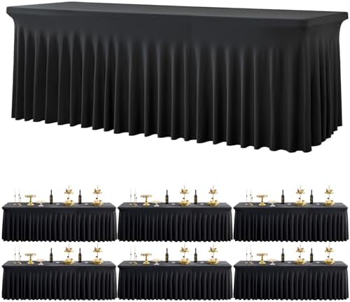 Black Spandex Tablecloth for 8 Foot Rectangle Tables, 6 Pack Black Wrinkle Free Fitted Table Cloths 8ft Stretchy Banquet Table Clothes Cover Desk Skirt for Birthday Wedding Parties Baby Shower by Htper