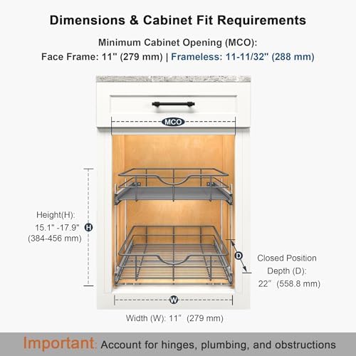 2 Tier Pull Out Cabinet Organizer - 11" W x 22" D Soft Close Slide Out Shelves with Shelf Liners - Pullout Drawers for Kitchen Cabinets, Pantry, Bathroom, Heavy Duty Steel Wire Baskets - Image 2