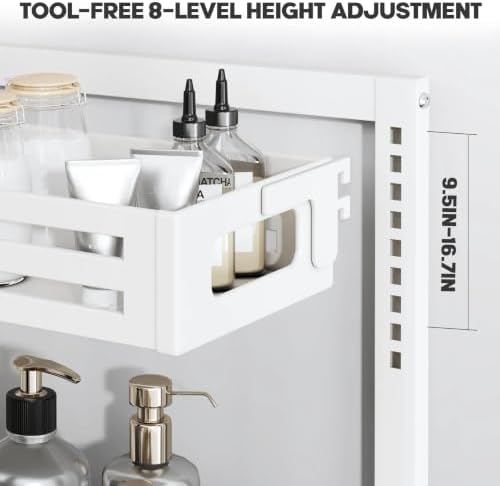 2 Pack 21IN-Depth Under Sink Organizer,Pull Out Cabinet Organizer With Smooth Cylindrical Rail,Metal Slide Out Drawer for Kitchen Bathroom Laundry,8-Level Tool Free Height Adjustable-White - Image 3