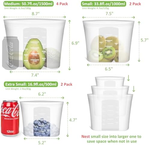 Reusable Storage Bag, 8 Pack 100% Silicone Food Storage Bags Stand Up Silicone Zip Lock Bags for Food Container, Freezer Microwave Oven Dishwasher Safe, 4 Medium 2 Small 2 Extra Small, Translucent - Image 3