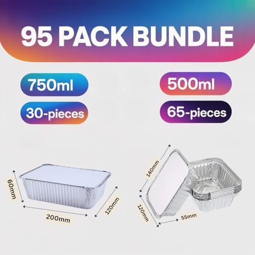 95 Pack Aluminium Foil Trays with Lids Containers Strong and Large Tin Foil Food Take Away Container Disposable Food Take Out Box with Lid|Mixed Sizes (65×0.5L + 30×0.75L) | - Image 4