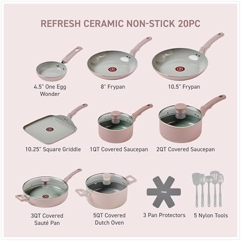 T-Fal Refresh Ceramic Pots and Pans Set, Nonstick Cookware, 20-Piece, Oven Safe to 350°F, Ceramic Cookware Set, Stockpot, Griddle, Frying Pans, Utensils, Dusty Rose - Image 2