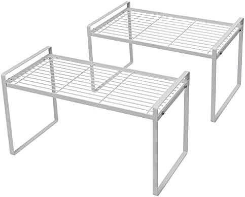 Shantton Cabinet Shelf Organizer, Pantry Shelf Rack, White 16x8.3x9.5 | 2-Pack Stackable Metal Riser Holds 40LBS with Non-Slip Feet for Kitchen Pantry Bathroom Countertop Freezer Cupboard by Shantton