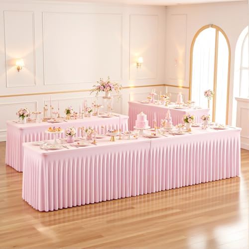 4 Pack 6ft Pink Spandex Table Cloths for Rectangle Tables Wrinkle Free Pink Rectangle Tablecloths Stretch Fitted Table Cover with Skirt for Baby Shower Girl Birthday Party Wedding Banquet Buffet - Image 6