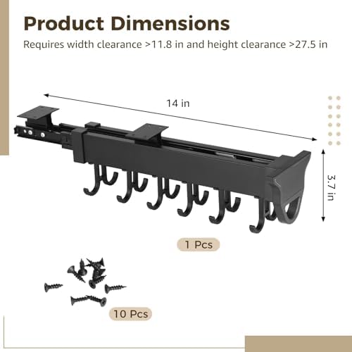 Homaisson Pull Out Hanging Pot Rack, 12-Hook Extendable Sliding Rail Organizer, Metal Pull Out Pan Rack for Under Cabinet, Adjustable Pot Pan Organizer, Multi-Use for Cupboard Closet - Image 4