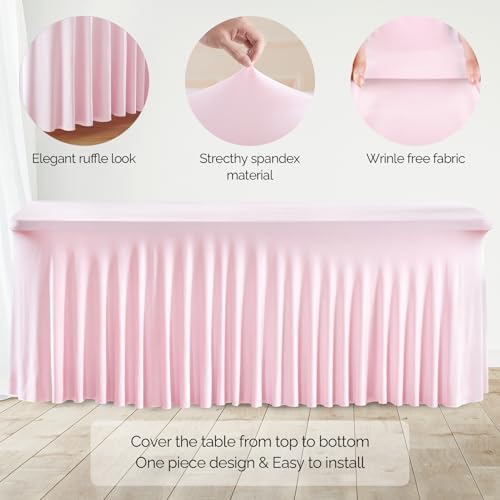 Wish Care 2 Pack Pink Spandex Table Clothes for 6 Foot Rectangle Tables, 6FT Wrinkle Free Fitted Tablecloths Ruffles Design Table Cover for Party, Banquet, Wedding and Events - Image 2