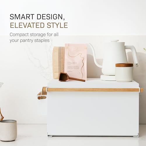 YAMAZAKI Home Modern Bread Box – Steel + Wood Countertop Bread Storage Container, Large White Bread Box for Kitchen Countertop, Space-Saving Bread Keeper, Easy Access Lid | Large bread box for kitchen countertops. Features an easy-access lid to keep br... - Image 2