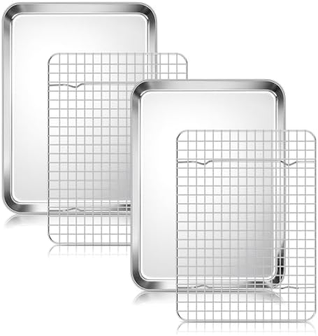 Homikit Quarter Sheet Pan with Wire Rack (2 Baking Sheet+2 Rack), 12" x 10" | Stainless Steel Quarter Baking Tray with Grid Cooling Rack for Toaster Oven Roasting, Metal Bacon Cookie Pan, Dishwasher Safe by Homikit