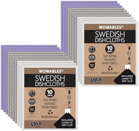 LOLA Swedish Dishcloths for Kitchen 20 Sheets, Biodegradable & Compostable Reusable Paper Towel Cleaning Cloths No Odor Washing Dishes Ultra Absorbent Cellulose Sponge Towel Made in Germany by LolaProducts