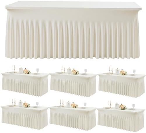 Spandex Tablecloth 8FT Rectangle Table Cover 8 Pack Ivory Wrinkle-Free by Outpain