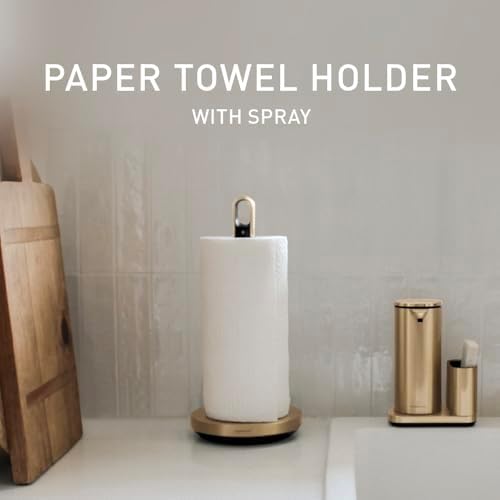 simplehuman Paper Towel Holder with Spray, All-in-One Countertop Paper Towel and Cleaner Dispenser, 6 oz Refillable Pump, One-Handed Tear, Weighted Base, Brass - Image 2