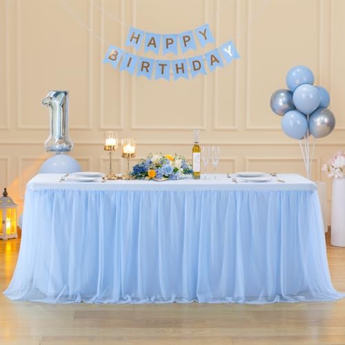 Suppromo 6 Pack 8ft Baby Blue Tulle Tablecloths for Rectangle Tables, 8 Foot Rectangular Table Cloth Wrinkle Free Table Cover with Tutu Skirt for Baby Shower Boy Birthday Party Banquet Buffet Cake - Image 3