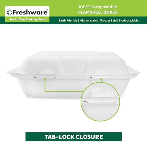 Freshware Compostable Clamshell Take Out Food Containers [9x9" 200-Pack] - Disposable Biodegradable Sugarcane To Go Boxes, Microwave & Freezer Safe, Stackable Paper Food Containers - Image 4