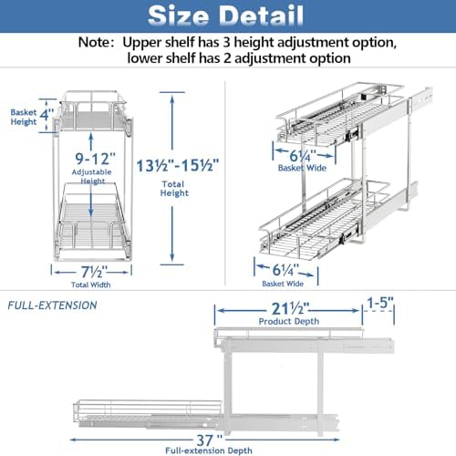 2 Tier Individual Pull Out Cabinet Organizer 7½" W x 21½" D, Heavy Duty Cabinet Pull Out Shelves, Slide Out Drawers Organization for Kitchen Cabinets Bathroom - Image 3