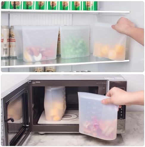 Large Reusable Food Bags 4 Pack, 1.5 Quart(50.7fl.oz) 100% Silicone Storage Bags Stand Up Zip Silicone Food Container, Freezer Microwave Oven Dishwasher Safe, Translucent - Image 5