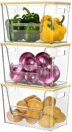 Delamu 3 Pack Pantry Organizers and Storage,Trash Bag Dispenser with Bamboo Top,Stackable Trash Bag Dispenser Under Sink Organizer for 4-30 GalBags,Onion,Potato,Fruits,Clear by DELAMU