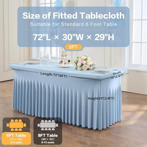 4 Pack Dusty Blue Spandex Fitted Tablecloths for 6 Foot Rectangle Tables, Dusty Blue Stretch Table Cloth with Table Skirt, Wrinkle Free Spandex Table Covers 6ft for Parties, Weddings, Trade Shows - Image 6