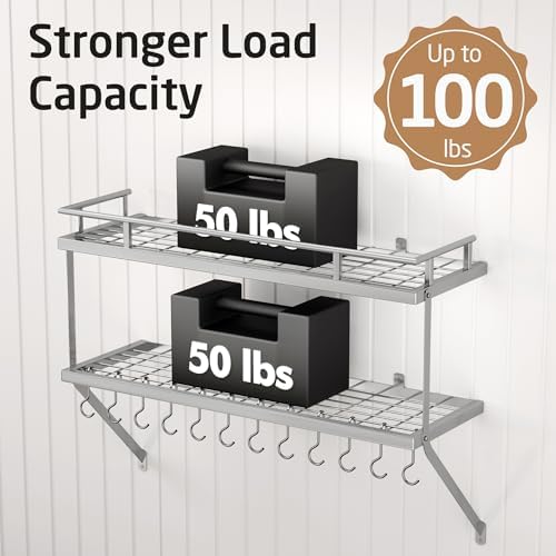 KES 30-Inch Silver Gray Pot Rack Wall Mounted, 100 Lbs Capacity | 2-Tier, Hanging Pot and Pan Organizer with 12 Sturdy Hooks, Kitchen Wall Hanger Shelves Modern, KUR215S75B-SG - Image 3