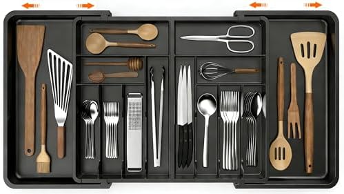 Utensil Organizer for Kitchen Drawer, Expandable Cooking Silverware Tray,Large Silverware Drawer Organizer，Plastic Spatula Tools Storage Divider, 21.6-38", Black by Unknown
