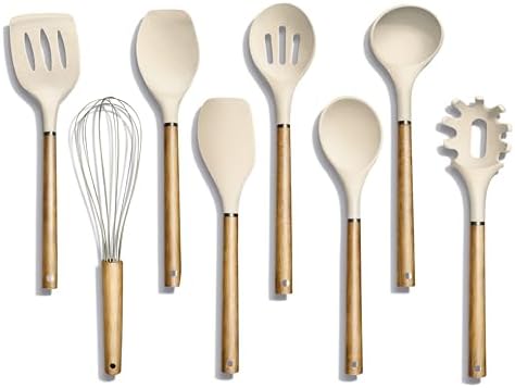 Country Kitchen Non Stick Silicone Utensil Set with Rounded Wood Handles for Cooking and Baking, 8 Piece Set, Khaki by CountryKitchen