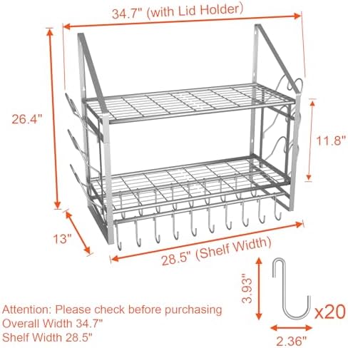 VyGrow 28 Inch Pot Rack Wall Mounted, 2 Tier Pots and Pans Organizer with 20 Hooks and 6 Pot Lid Holders, Heavy Duty Steel Pot and Pan Hanger for Kitchen Cookware Utensils Storage, Silver - Image 2