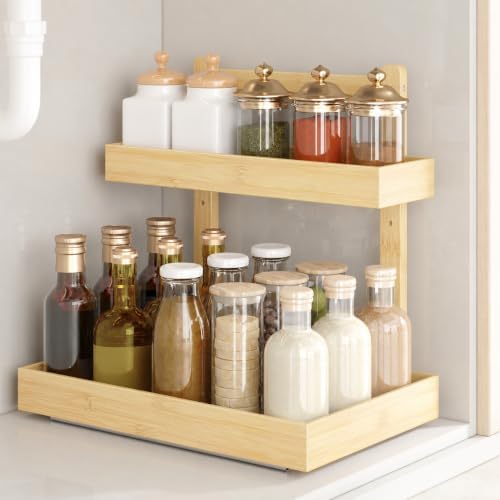 Bamboo Under Sink Organizer 2 Pack, 2-Tier Pull Out Cabinet Organizer - Image 2