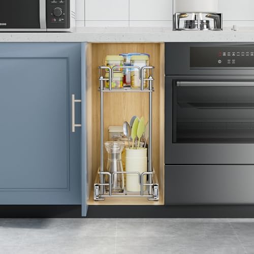 ROOMTEC Pull Out Spice Rack for Narrow Cabinet (8½" W X 21" D),2 Tier Slide Out Cabinet Organizer and Pull Out Shelves Under Cabinet Storage for Kitchen, Chrome - Image 3