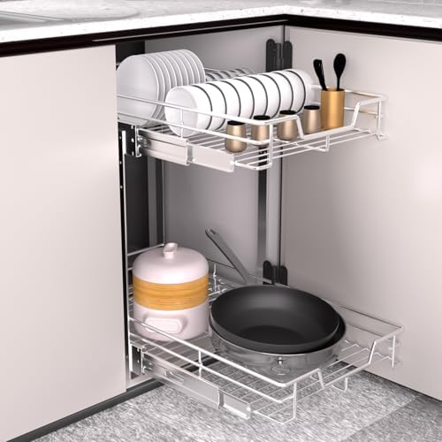 EZKAZA Pull Out Cabinet Organizer 17.5" W x 21" D, 2-Tier Kitchen Cabinet Pullout Shelf and Drawer Organizer Slide Out Pantry Storage Basket, 16.2" W x 21" D x 2.4" H for Bottom Basket Size - Image 5