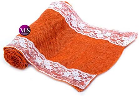 VDS Pack of 20, Burlap Table Runner with White Lace Edge, 100% Natural Jute Rustic Hessian Table Cloth Centerpiece for Wedding Birthday Party Banquet Table Decoration (Size 12X108 Inch)(Orange) - Image 3