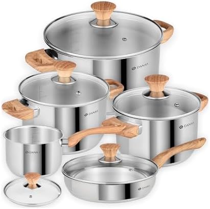 Daniks Oslo 10-Piece Stainless Steel Cookware Set with Glass Lids, Includes Saucepan and Frying Pan with Lid, Tri-Ply Bases for Even Heating, Induction Compatible, Dishwasher Safe, Bakelite Handles by Daniks