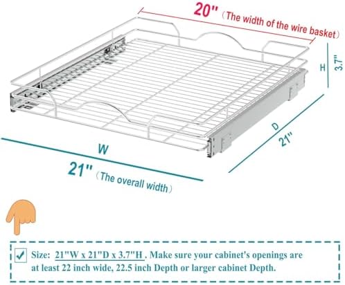 OCG Pull Out Cabinet Organizer (21" W x 21" D), Pull out Shelves 1 Tier, Cabinet Slide Out Shelves for Base Cabinet Organization in Kitchen Bathroom Pantry, Bottom Mount, Chrome Finish - Image 2