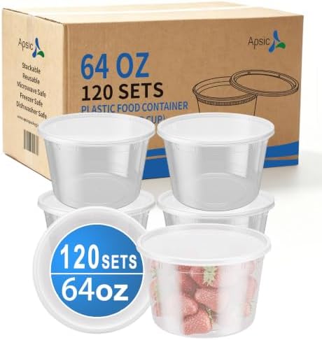 Plastic Deli Containers with Lids, 120 Sets 64 oz Leakproof Soup Cups | BPA-Free| Microwave Freezer Safe| Sturdy and Airtight| Crack-Proof for Takeout, Meal Prep, Slime, Snack, Leftovers Storage by Apsic