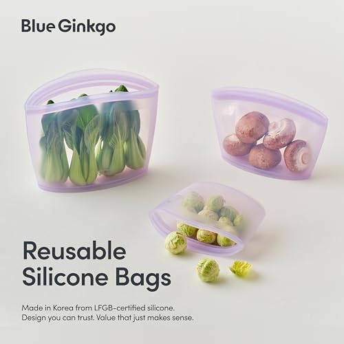 Blue Ginkgo Silicone Food Storage Bags, 4-Pack, Reusable, Made in Korea | Leakproof. Stand Up. Freezer and Dishwasher Safe. (Lavender) - Image 2