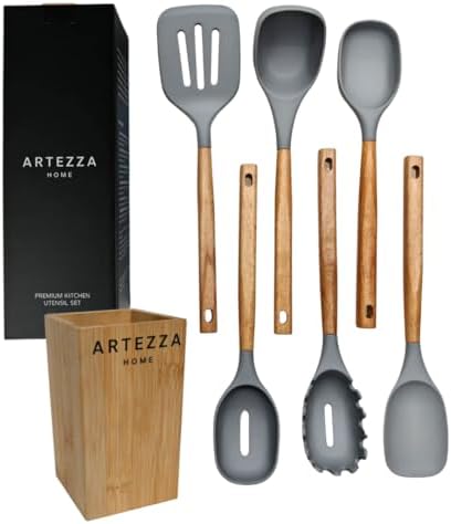 Premium Silicone Kitchen Utensil Set – 7-Piece Cooking Tools with Acacia Wood Handles and Bamboo Holder, Non-Stick, Heat Resistant, BPA-Free, Elegant Kitchen Gift (Grey -7pcs) by Unknown