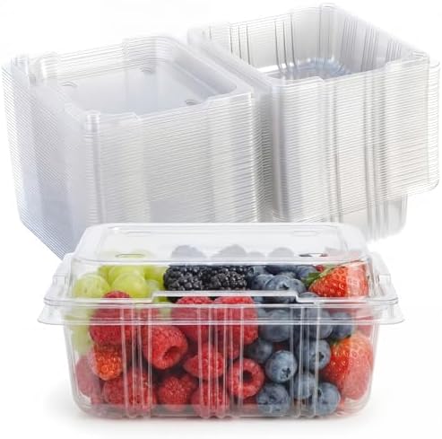 Threehoney 100 Pack Clear Plastic Vented Berry Containers with Clamshell Lids, 1/2 Pint Berry Baskets for Strawberry, Disposable Food Storage for Farmers Market Fridge Picnic (5.3×4.7×2.4 Inch) by Threehoney