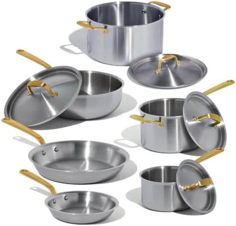Made In Cookware - 10 Piece Stainless Steel Pot and Pan Set (Antique Brass Handle) - 5 Ply Clad - Includes Stainless Steel Frying Pans, Saucepans, Saucier and Stock Pot W/Lid - Crafted in Italy by Unknown