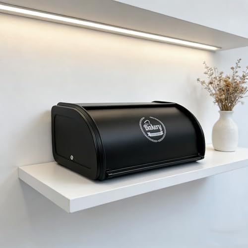 Vintage Roll-Top Bread Box, Black Stainless Steel Farmhouse - Image 6