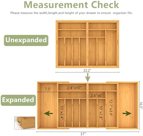 Suli Extra Large Silverware Drawer Organizer,Expandable 22in to 37in,Bamboo | 2.6in Deep,13 Slot,Removable Design,Expandable Utensil Tray for Kitchen Drawer,Big Adjustable Cooking Cutlery Flatware Holder - Image 2