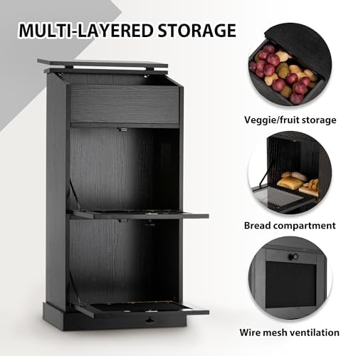 ONG Potato Storage Bin Wood Sets of 2, Wooden Double Bread Storage Bins, Decorative Potato and Onion Storage Bin Set 2, Potato Bin with Grocery Section, Wooden Vegetable Storage Box with Lid, Black - Image 5
