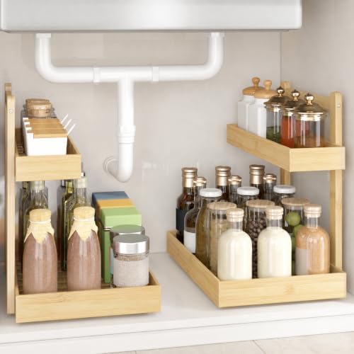 Bamboo Under Sink Organizer 2 Pack, 2-Tier Pull Out Cabinet Organizer by WisuceHome
