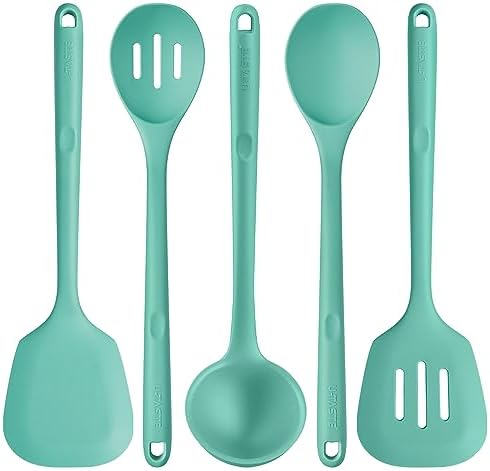 U-Taste Silicone Kitchen Cooking Utensil Set of 5, 13.6" Long, Aqua Sky | 600ºF Heat Resistant Food Grade Kitchen Tools&Gadgets, Extra Long Wide Spatula Turner Spoon Ladle for Serving Mixing Stirring by U-Taste