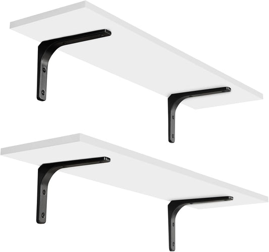 DINZI LVJ Long Wall Shelves, 23.6 Inch Wall Mounted Shelves Set of 2, Easy-to-Install, Wall Storage Ledges with Sturdy Metal Brackets for Living Room, Bathroom, Bedroom, Kitchen, White
