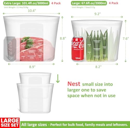 Reusable Storage Bags, Set of 2 Large Sizes, 8 Pack 100% Silicone Food Storage Bags Stand Up Zip Lock Bag for Food, Freezer Microwave Oven Dishwasher Safe, 4 XL-4/5 Gallon, 4 L-1/2 Gallon, Translucent - Image 3