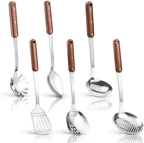 FJNATINH Stainless Steel Cooking Utensils Set, Mirror Polished 6 Pieces Kitchen Utensils Set, Kitchen Tools Set With Wooden Handle Non-Stick Heat Resistant,Dishwasher Safe, Easy to Clean by HOMEKITCHENTOOL