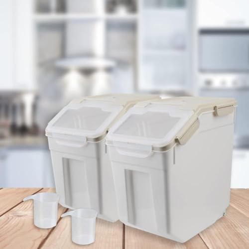 25LB Large Flour Storage Container Bin,4 Pack Airtight Plastic with Wheels Seal Locking Lid Dispenser Organizer Storage Bin with Measuring Cup & Scoop for Flour, Rice, Grain 100LBS Total，Grey - Image 3