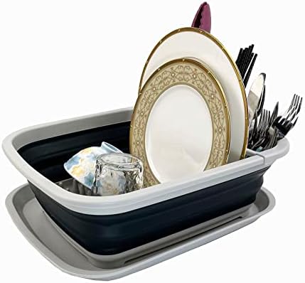 SAMMART 8L (2.11Gallons) Collapsible Plastic Dish Drainer with Drainer Board - Foldable Drying Rack Set - Portable Dinnerware Organizer - Save Space Kitchen Storage Tray (Grey/Slate Grey (Set of 2)) - Image 3