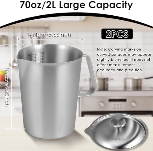 2 PCS 2 L/ 70 oz Large Stainless Steel Pitcher with Lid, Metal Measuring Cup with Handle & Scales, Wide Mouth Graduated Beakers, Milk Frothing Jug Metal Pitcher for Coffee Latte Art, Hot/Cold Water - Image 2