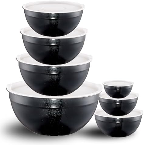 Black Mixing Bowls with Lids Set of 7, Stainless Steel Nesting Bowl with Khaki Lid for Non-slip Mixing Prepping Storing Serving, 7 Sizes-7/3.6/2.7/2.1/1.5/1/0.8 QT by LKTDYMEG