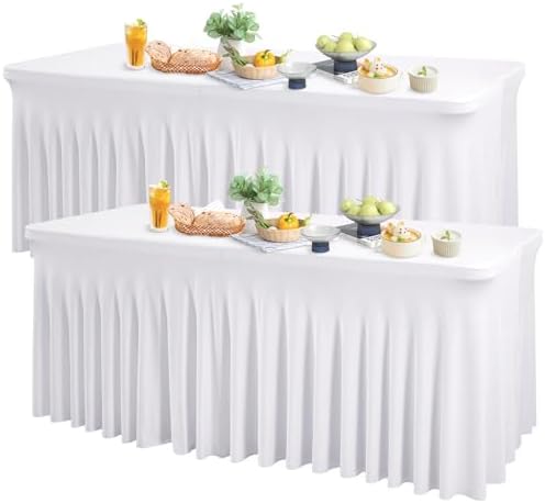 Wish Care 2 Pack White Spandex Table Clothes for 4 Foot Rectangle Tables, 4FT Wrinkle Free Fitted Tablecloths Ruffles Design Table Cover for Party, Banquet, Wedding and Events by WishCare