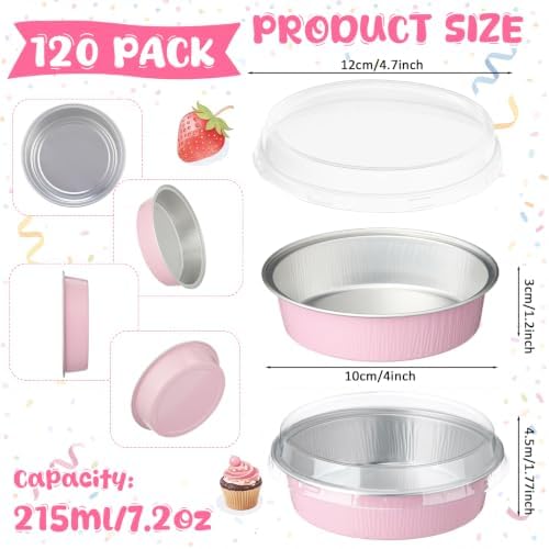 Yinder 120 Pcs 8 oz Disposable Creme Brulee Ramekins with Lids, 4 Inch Mini Pie Tins Aluminum Foil Pie Tart Cake Baking Pans Individual Round Containers Oven Safe (Light Pink) - Image 2